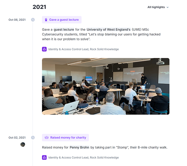 My Polywork timeline feed showing me giving a guest lecture and raising money for charity.