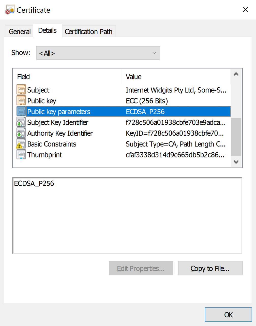 A certificate, opened in Windows 10, showing that the key is for ECC and ECDSA_P256.